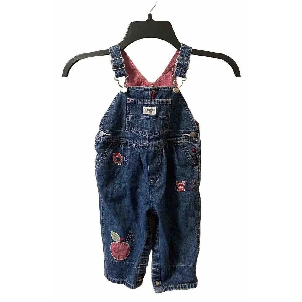 OshKosh Jeans Overalls Bibs SZ 12M Embroidered Bird‎ Cat Apple Pink Lined - Picture 6 of 8